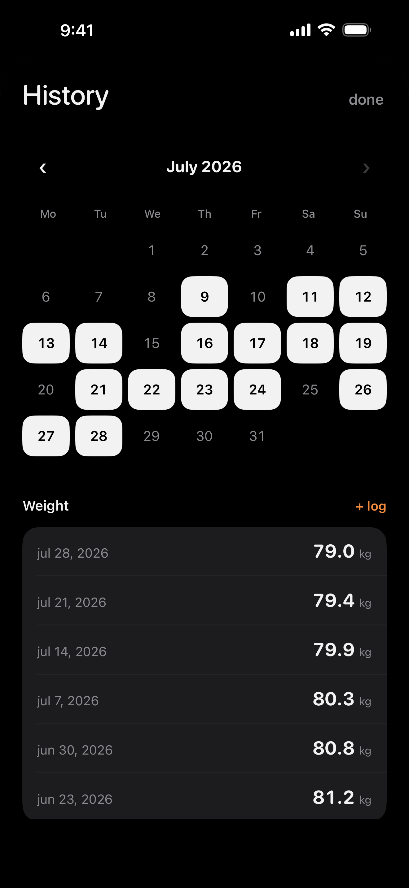 History calendar and weight
