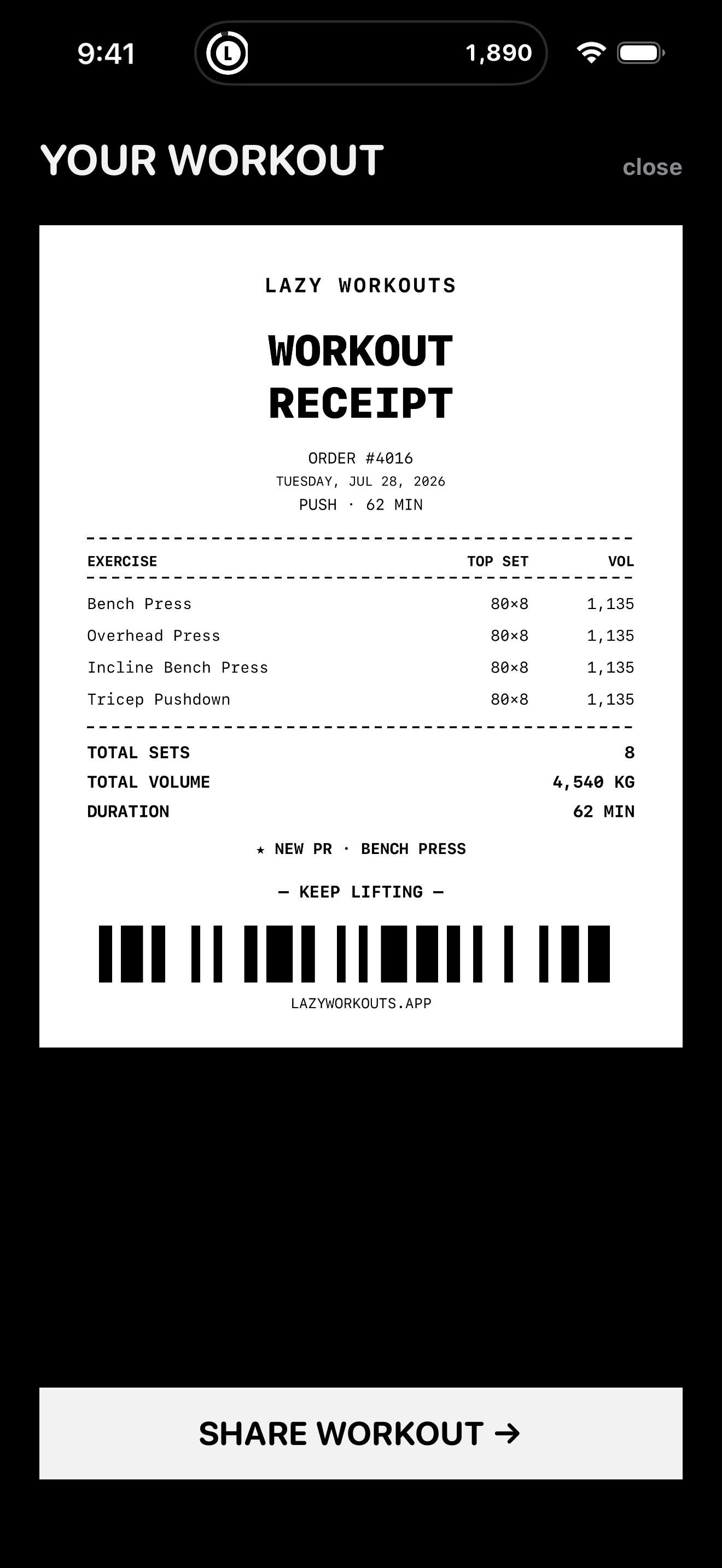 Workout receipt